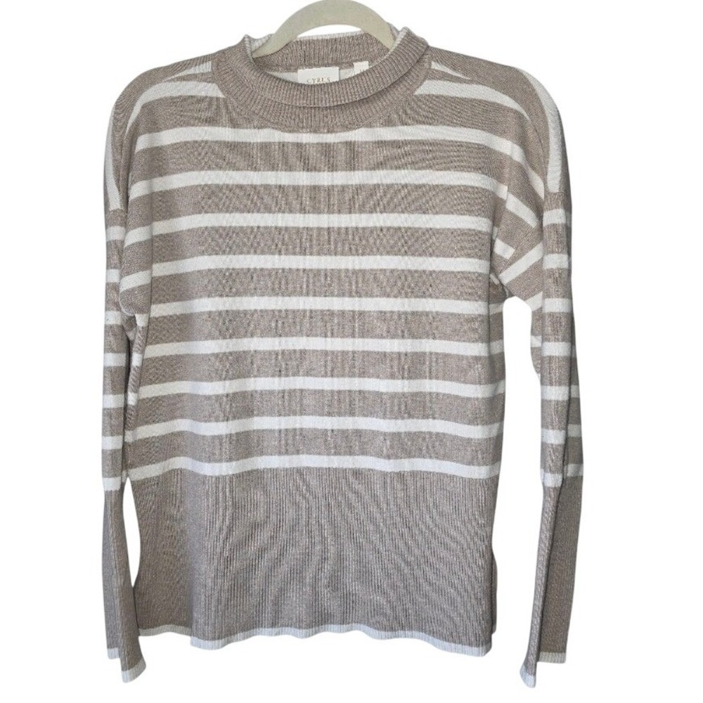Cyrus Taupe and Cream Striped Knit Top Medium Ribbed Cuff, Hem, and Neckline